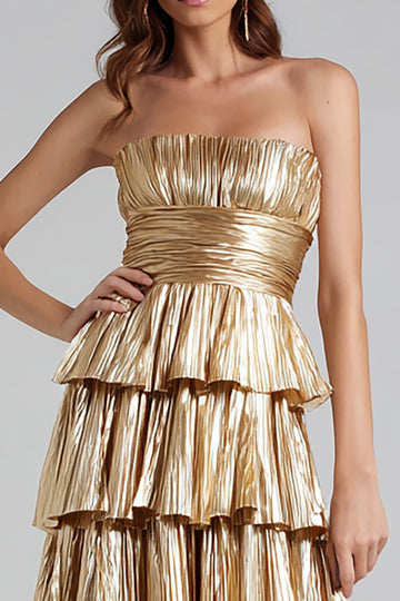 Strapless A-Line Tiered Pleated Gold Prom Dress